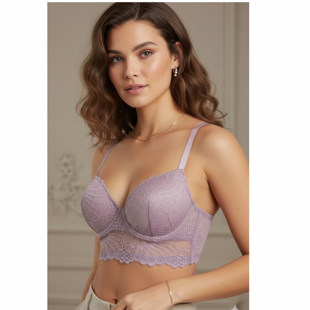 Floral Lace Longline Push-Up Bra Mauve Lavender 6 Hook Band Adjustable Strap‎